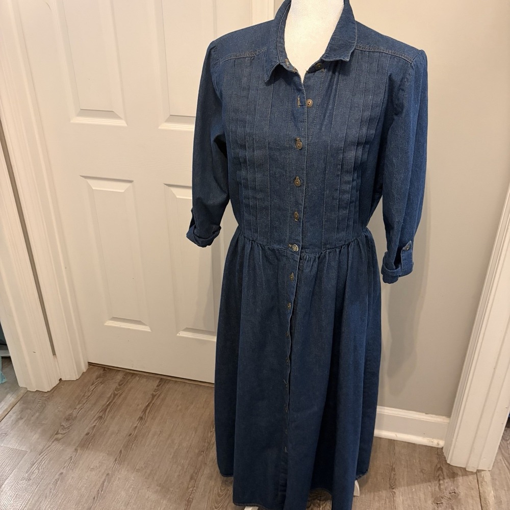 Vintage Ann Vickers Denim Maxi Dress Pintuck Prairie Western Cowgirl Prairie EVC